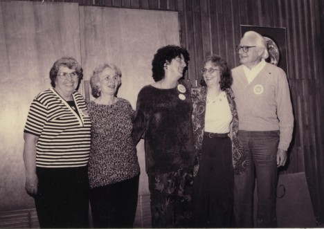 Leslie Brockelbank, Justine Heavilon, Marion Sweeney, Marion Malcolm, and Charles Gray pose for a photo in May 1996