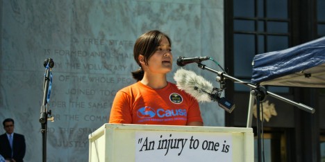 Andrea Miller speaks in front of the Oregon state Capitol