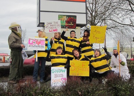 Action at Home Depot with people dressed as bees.