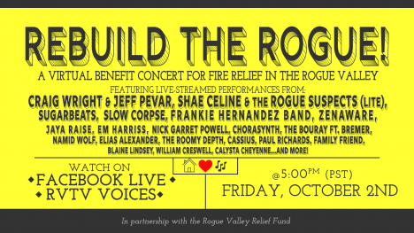 A flyer for Rebuild the Rogue, a virtual benefit concert on October 2nd